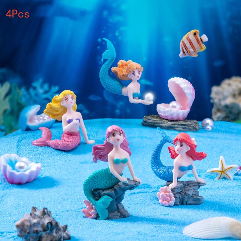 Aquarium Fish Items - 4 Stück Plastik-Aquarium-Dekofiguren Kleine Meerjungfrau Miniatur-Figuren